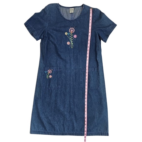 VTG Blair Denim Shift Dress Small Embroidered Flowers Pockets Cottagecore - Picture 7 of 7